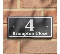 House Number Plaque 20cm x 10cm Deep Engraved Grey Slate Personalised Address Sign for Front Door Home or Business Custom Name Plate Traditional Text in White with Decortive Border Wall Mount