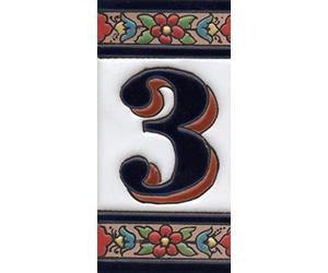 House Numbers Ceramic Numbers & Letters Tiles Red Blue & Green Floral Design Tile Size: 11cm x 5.5cm (Number 3)