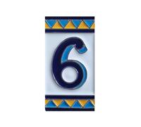 House Numbers Ceramic Tiles, Letters & Frames, Spanish Orange & Blue Design, Tile Size: 11cmH x 6cmW, Number Frame Size: 2 to 13 Tile (Number 6)