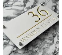 House Numbers Plaques Door Signs For Outside Personalised Door Numbers Custom Name Sign Home 3D Door Street Address Plate (White and Gold Text)