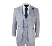 House Of Cavani Caridi - Men's 3 Piece Check Suit Tweed Light Blue Wedding Peaky Classic - 34" Jacket 28" Trousers