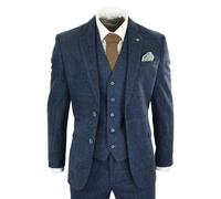 House Of Cavani Mens 3 Piece Navy Blue Suit Tweed Check 1920's Peaky Blinders Tailored Fit Vintage