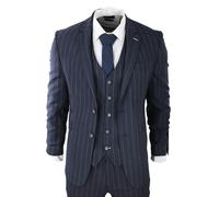 Mens 3 Piece Suit Pin Stripe Navy Classic Vintage Retro 1920s Tailored Fit Wedding - Navy 48