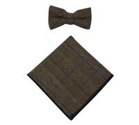 House Of Cavani Kempson -Men's Herringbone Tweed Check Bow Tie Hanky Classic Blinders - Tan