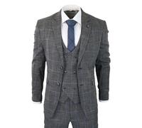 House Of Cavani Power - Men's 3 Piece Suit Check Grey Blue Double Breasted Wedding - 46" Jacket 40" Trousers
