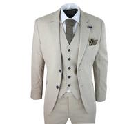 House Of Cavani Sandon - Men's 3 Piece Suit Linen Beige Cream 2 Button Classic - 36" Jacket 30" Trousers