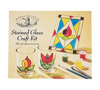 House Of Crafts Stained Glass Craft, Single Craft Kit Set, Multicoloured, Includes 2 Glass Votive, Glass Suncatcher, Self-Adhesive Lead Strip, 5 Glass Paints, Brush, Suction Cap, Instruction/Patterns