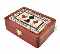House of Cribbage - 2 Track - Wooden Cribbage Board/Box - Inlaid in Bloodwood/Maple Wood - Storage for Pegs & One Deck of Cards - 60 Points - Non Continuous