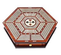 House of Cribbage - Hexagonal Cribbage Board Continuous 4 Tracks with Drawer Storage and Skunks, Corners and Score Marking Fields - Blood Wood / White Maple