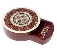 House of Cribbage - Round Shape 3 Track Non-Continuous Cribbage Board - Push Drawer Storage for Pegs and 1 Deck of Cards with Score Marking Fields for Won Games (Maple Wood/Bloodwood)