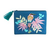 House of Disaster Luxe Bird Pouch, Embroidered Cotton Makeup Bag with Velvet Back & Tassel Zip