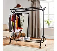 House of Home Clothes Rail Heavy Duty with Wheels Metal Wardrobe Rails For Hanging Clothing & Double Rack Shelves Storage & Organiser for Shirts, Coats, Hat & Shoes 5ft x 5ft Portable Black