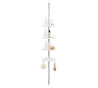 House Of Home Telescopic Shower Caddy 4 Tier Adjustable Height 95 to 275cm | Corner Organiser Rustproof 4 Adjustable White Shelves With Hooks & Drainage Holes, Easy Install No Tools or Drill Needed