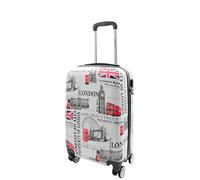 House Of Leather Four Wheels Hard Shell London City Print Suitcase Lockable Travel Luggage (White, Cabin)