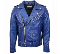 House of Leather Men's Mens Real Leather Biker Jacket Cross Zip Brando Style Kyle in Blue | Size: Medium House of Leather Blue M