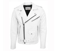 House of Leather Men's Mens Real Leather Biker Jacket Cross Zip Brando Style Kyle in White | Size: Medium House of Leather White M
