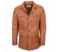 Mens Leather Reefer Jacket Classic Button Fastening Blazer Style Jerry (M, Tan)