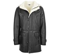 House Of Leather Mens Real Sheepskin Duffle Hooded Coat 3/4 Length Shearling Vincent (2XL, Black)
