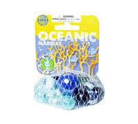 House of Marbles Oceanic Net Bag of Marbles, 21-Piece Blue Glass Marble Set with Clear, Aqua and Deep-Marine Tones plus Larger Shooter for Games and Collecting