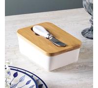 House of Mishka Ceramic Wood Lid Butter Box| Ceramic Butter Dish with Wood Lid and Knife / Butter Cutter, Butter Keeper Box Food Cheese Storage Tray Butter Container Sealing for Kitchen & Home
