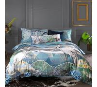 House of Norris Air, Earth and Water Double Duvet Cover Set | 200 Thread Count 100% Cotton Bedding Set | Free Decorative Cushion with Pom Pom Trim | Tranquil Crane & Mountain Design