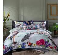 House of Norris Mountain Lake Super King Size Duvet Cover Set | 200 Thread Count 100% Cotton Bedding Set | Free Decorative Cushion with Pom Pom Trim | Water Birds Design in Soft Blue & Grey Hues