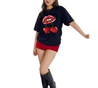 House of Sehrish Women's Ladies Short Sleeve Cherry Lips Print Round Neck Over Sized Baggy T Shirt Top Casual (UK, Alpha, XL, Regular, Regular, Black)