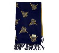 House Of Tweed Women's Super Soft Cow Print Scarf, Highland Cow Design, Scotland, Large (Navy Yellow)