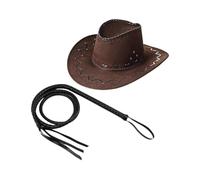 House of Velours® Adults Explorer & Cowboy Hat Set - Brown Hat and Bull Whip - Adults Fancy Dress Costume Accessories Set (Brown Cowboy Hat & Whip)