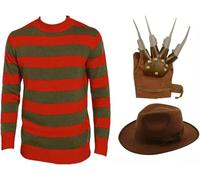 House of Velours Unisex Kids Freddy Halloween Costume Set - Red Green Striped Sweater, Brown Explorer Hat & Claw Gloves for Boys & Girls Ages 3-13 (Set(Jumper,Glove &Hat), 9-10)