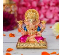 House Of Wemy 24k Gold Plated Dagdusheth Ganesh Idol/Murti | Ganpati Statue for Car Dashboard, Office Table, Desk, Hindu Gifting and Home Aesthetic Decoration - Resin ( 3.5 x 3 x 2 Inches)