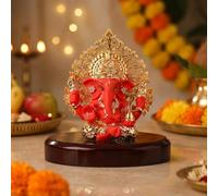 House Of Wemy 24k Gold Plated Ganesh Idol/Murti with Kalpavriksh Tree | Ganpati Statue for Car Dashboard, Office Table, Desk, Hindu Gifting and Home Aesthetic Decoration - Resin | 4x3.2x1 Inches (Red)