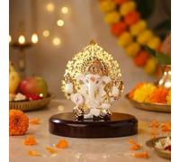 House Of Wemy 24k Gold Plated Ganesh Idol/Murti with Kalpavriksh Tree | Ganpati Statue for Car Dashboard, Office Table, Desk, Hindu Gifting and Home Aesthetic Decoration - Resin 4x3.2x1 Inches (White)