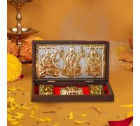 House Of Wemy Gold Plated Lakshmi, Ganesh & Saraswti Pocket Temple with Photo Frame | Trimurty Charan Paduka for Pooja Mandir Decoration, Gifting & Hindu Home Decor - 8.4 x 4.5 x 1.6 Inches (Brown)