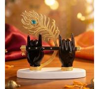 House Of Wemy Gold Plated Lord Krishna Hands Idol with Flute and Peacock Feather 7 Inches | Gift for House Warming Ceremony | Statue for Home Décor & Office Table (Black) - Pack of 1