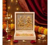 House Of Wemy Laxmi Ganesha Frame/Pocket Temple I 24 Karat Gold Plated Decorative Photo Frame & Charan Paduka for Gifting, Home Decor and Pooja Room Decoration - (4.5 x4.5 x 0.75 Inches)