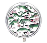House on Hill Pill Box - 3 Compartment, Round Metal Pill Case with Mirror, Portable Medicine Holder for Purse/Wallet/Travel