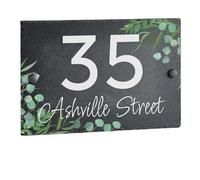 House Signs Direct Bespoke Slate House Sign, Rustic Grey, Floral Motif | Natural grey slate plaque with botanical detail and fixings included, weather-resistant, ideal for outdoor door mounting.