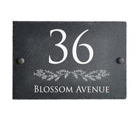 House Signs Direct | Bespoke Slate House Sign | Rustic Grey House Number Plaques with Floral Motif | Personalised Home and Door Number Plaques for Wall, Easy Install House Signs for Outside