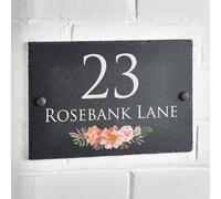 House Signs Direct | Bespoke Slate House Sign | Rustic Grey House Number Plaques with Floral Motif | Personalised Home and Door Number Plaques for Wall, Easy Install House Signs for Outside