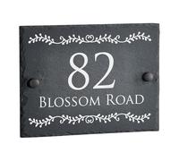 House Signs Direct | Bespoke Slate House Sign | Rustic Grey House Number Plaques with Floral Motif | Personalised Home and Door Number Plaques for Wall, Easy Install House Signs for Outside