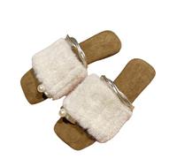 House Slippers Women's Leather Open Slippers Women's Winter Warm Comfortable Sandals Casual Slippers Modern Household Shoes Floor Shoes Peeptoe Sandals Lightweight Flip Flop Plush Slippers, White, 4