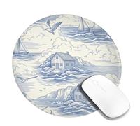 House Small Mouse Pad, Coastal Nautical Boat Coastal Gull Summer Blue Round Rubber Washable Stitched Edge Cloth Mousepad Idea for Home Office Desk Laptop Gamers Gift Round 8x8 Inch