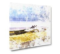 House Upon the Coast of Dublin Ireland Watercolour Canvas Print | Gallery Wrapped 30mm Frame Wall Art | 20x20 inches | Ready to Hang | Modern Seascape Picture | Living Room Bedroom Lounge Office