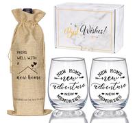 House Warming Gifts New Home, Housewarming Baskets Stemless Wine Glass & Bottle Bag Set for Newlywed Couple, Women, Friends, New Homeowner, Unique Closing Gift for Home Buyers, Clients