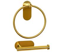 HouseAid Self Adhesive Towel Ring and Toilet Paper Holder Set for Bathroom Stainless Steel No Drilling Hand Towel Holder Kit Stick on Wall Brushed Gold (2 Pieces)