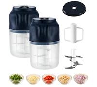 Household Electric Garlic Crusher, 400ml Mini Food Chopper with Lid, 6-Blade Garlic Mincer for Onion Ginger Chili Spices Fruit，Blue+Blue
