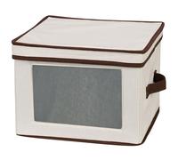 Household Essentials Dinner Plate Storage Chest, Natural Canvas with Brown Trim
