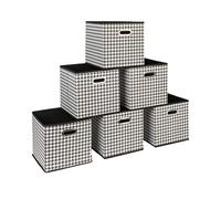 Household Essentials Fabric Storage Cube Bins, 6 Piece Set, Strong Poly-Woven Fabric, Chipboard Sides, Grommet Front Handle, Stackable and Foldable, Classic Design, Black and White Houndstooth