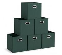 Household Essentials Fabric Storage Cube Bins, 6 Piece Set, Strong Poly-Woven Fabric, Chipboard Sides, Grommet Front Handle, Stackable and Foldable, Classic Design, Dark Green